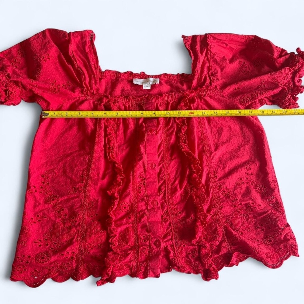 Jennifer & Grace Red Eyelet Ruffle Blouse Square Neck Short Puff Sleeve Medium - Picture 4 of 7